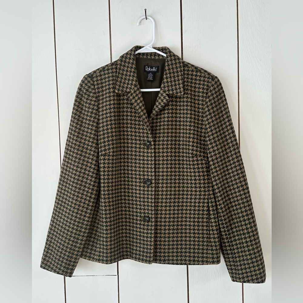 Vintage 90s Houndstooth Blazer Jacket 12 Forest Green Tan Academia Poetcore